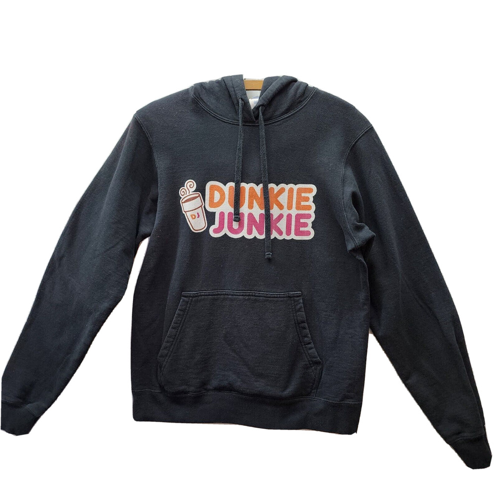 Port Company DUNKIE JUNKIE Donut Hoodie SMALL Black Pullover Coffee Faded Grungy - Picture 2 of 10